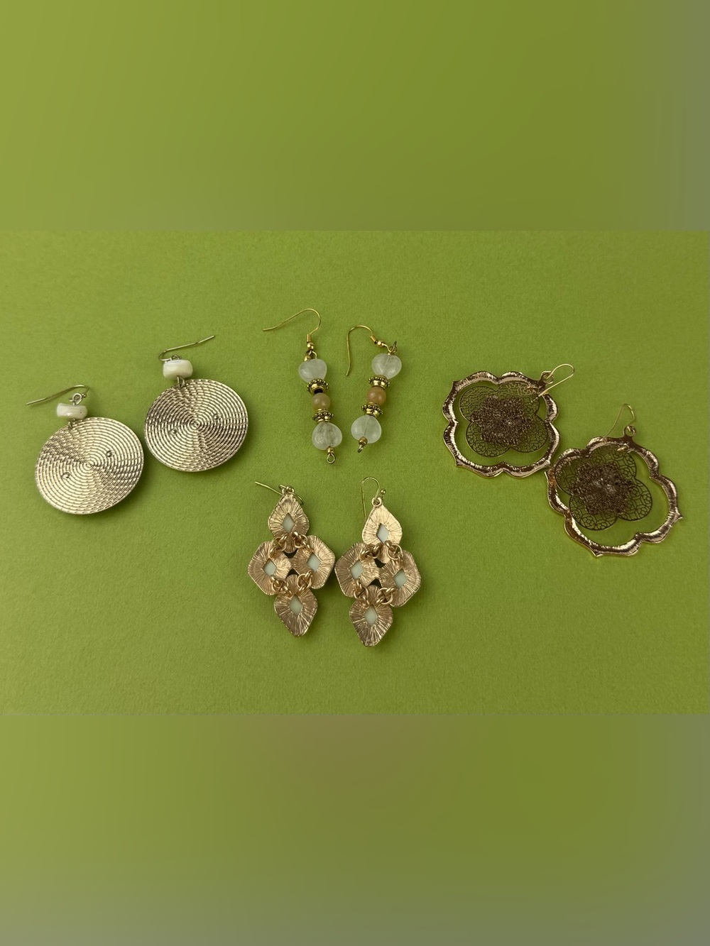 Boho Chic Drop Earring Bundle Gold Tone White Cream Filigree Geo Dangle